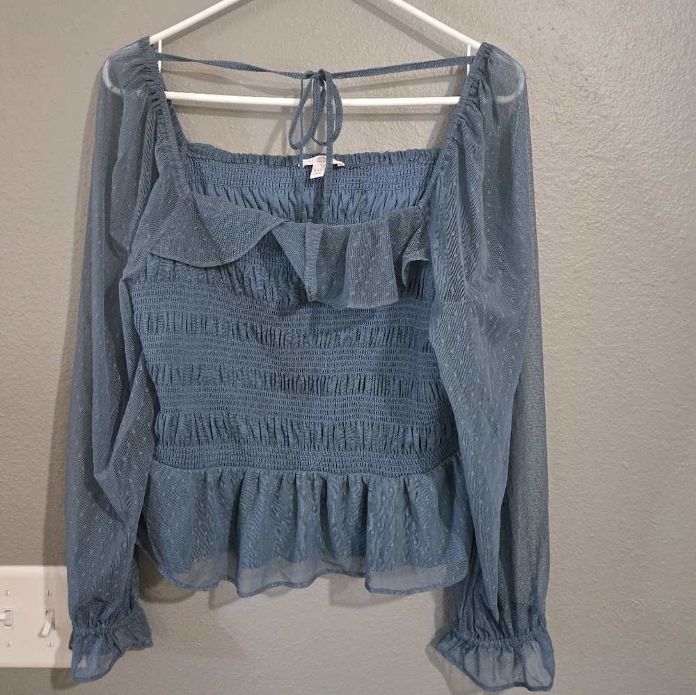 Lauren Conrad Rendez Blue Smocked Peplum Sheer Blouse Size XXL